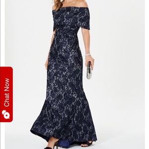 Navy Sequin Lace Off the Shoulder Gown